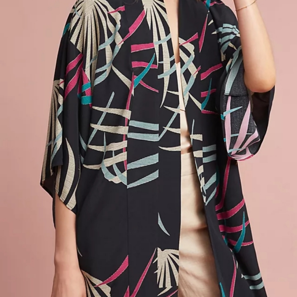 Anthropologie Black Palm Tropical Kira Kimono Duster S
